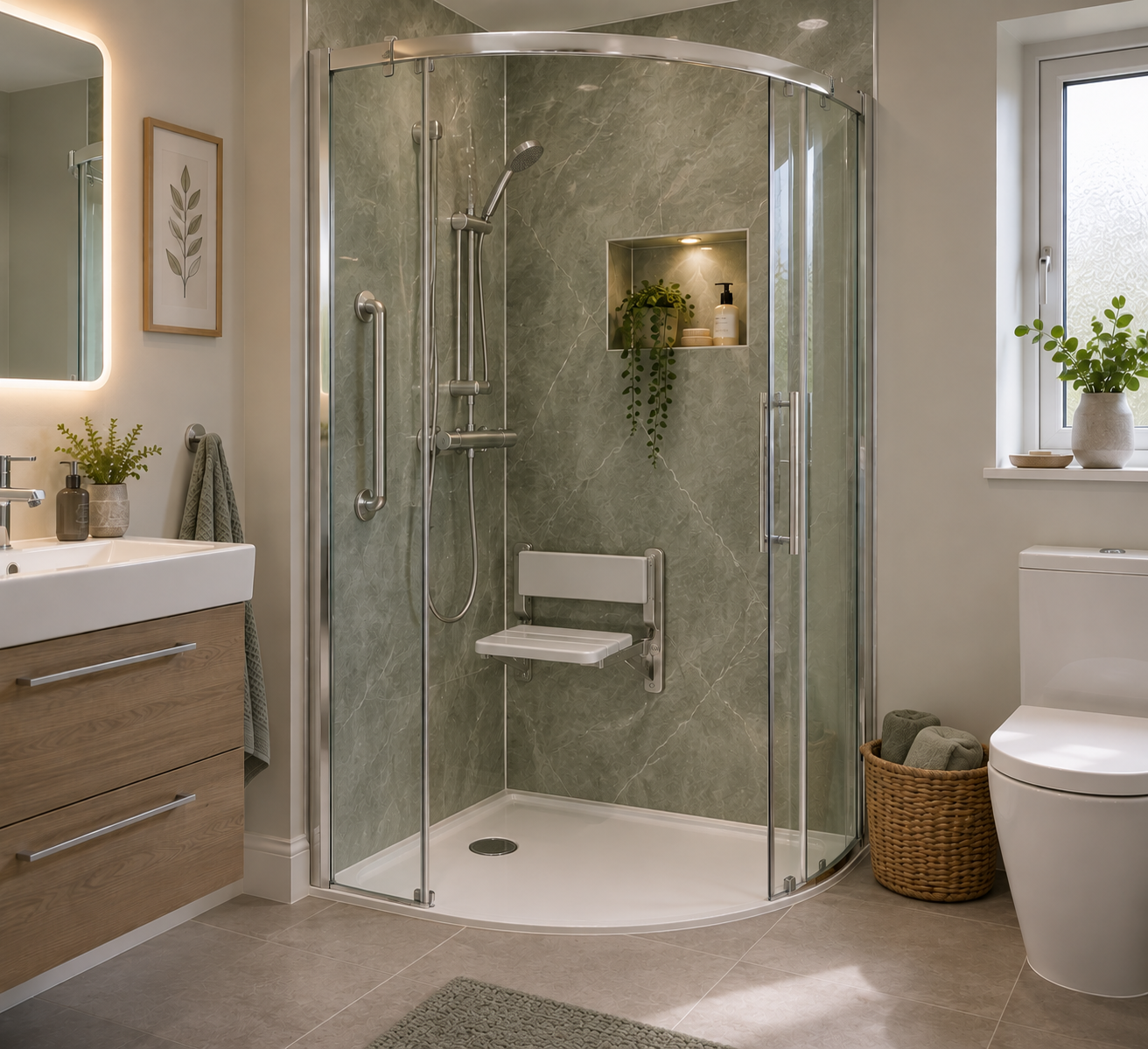 Energise curved luxury walk-in shower fitted into a compact en-suite bathroom