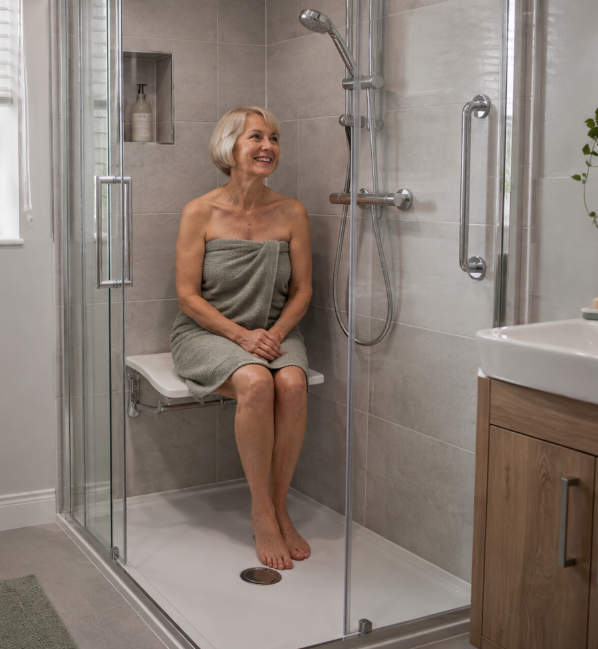 A smiling woman sitting comfortably on a wall-mounted shower seat inside a modern walk-in shower with grab rails