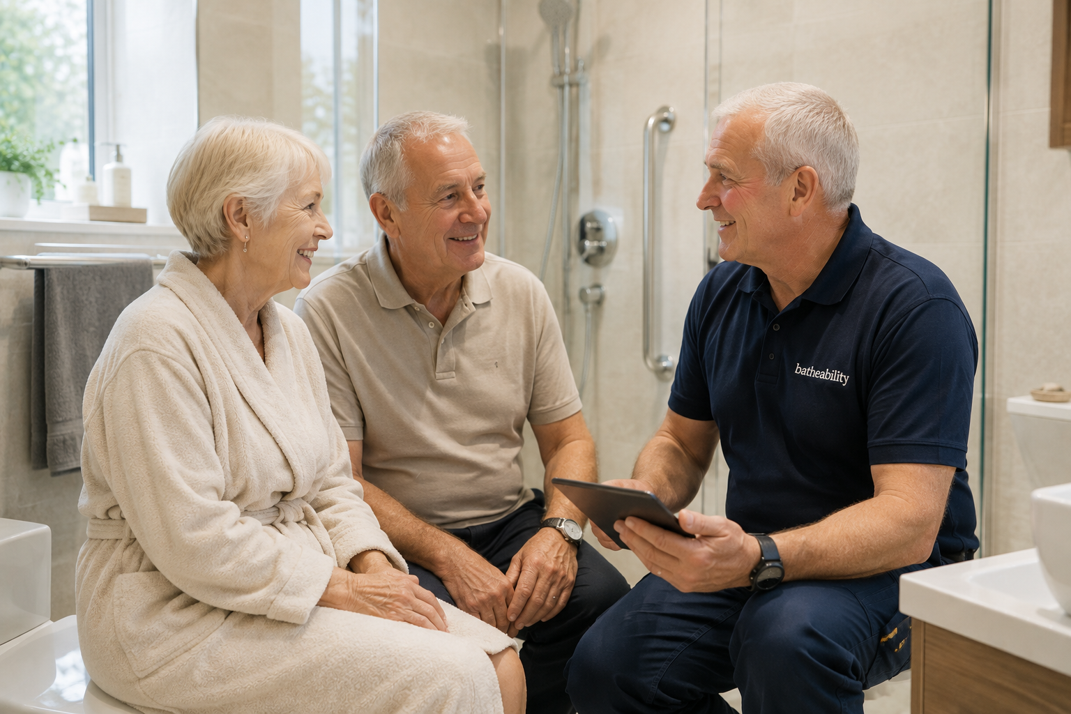 A friendly Batheability advisor in a navy branded polo shirt discussing bathroom options with a couple in their home