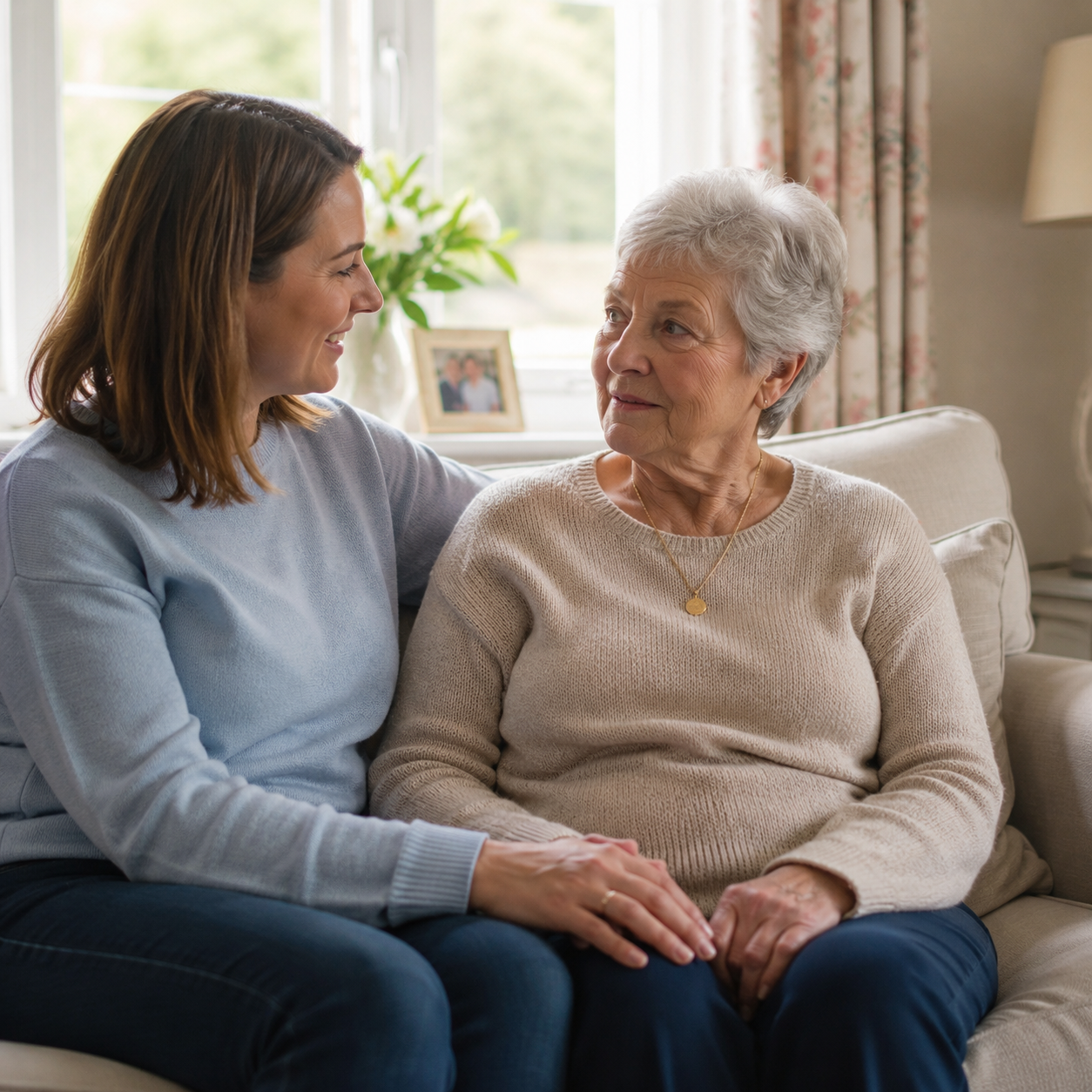 Daughter sitting with her elderly mother on a sofa, holding hands and talking warmly