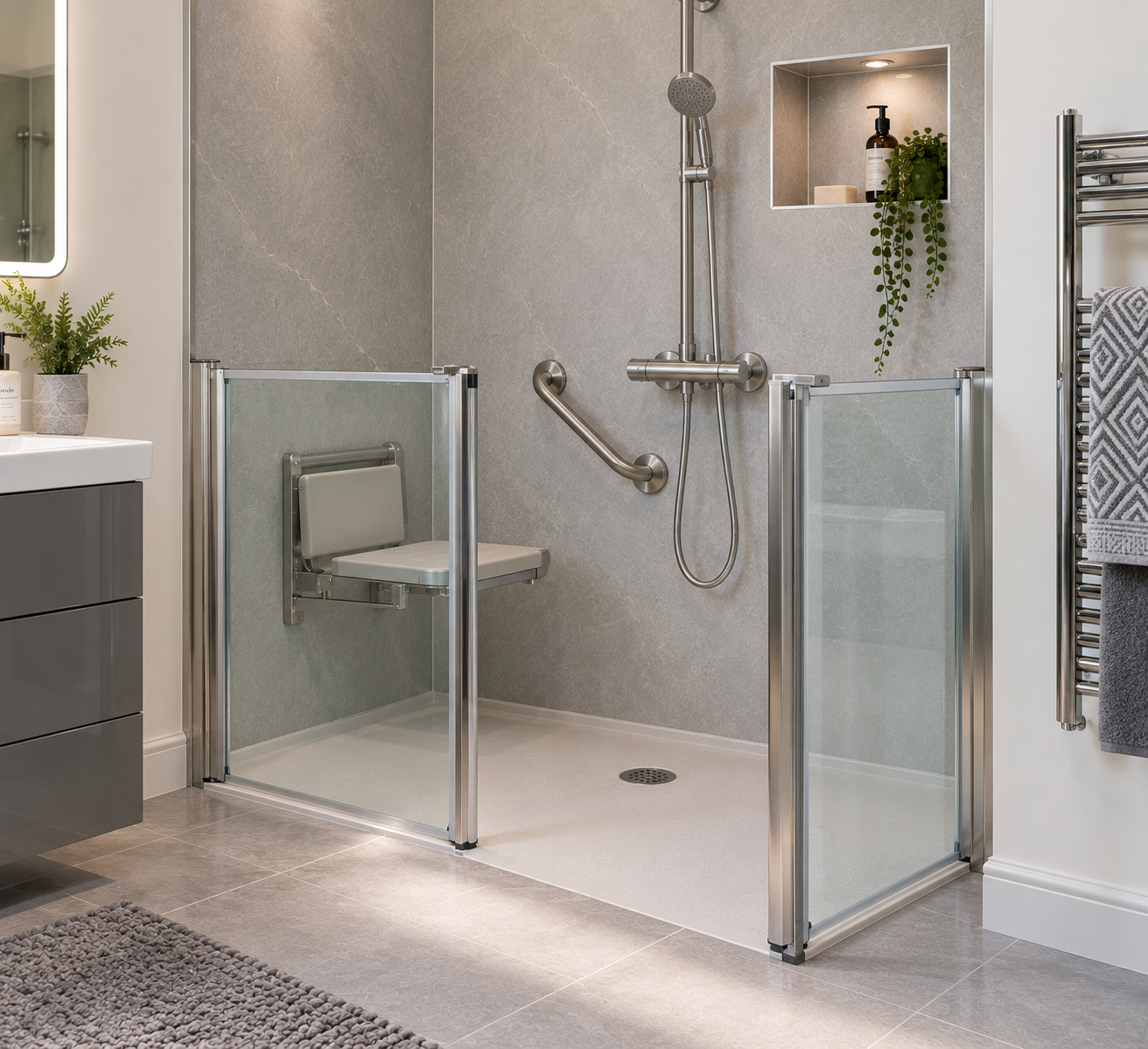 An accessible walk-in shower with a half-height glass shower screen