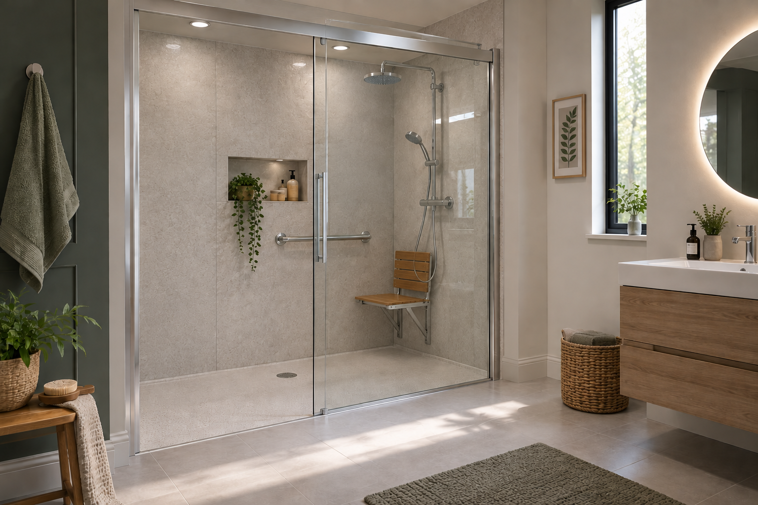 Refresh walk-in shower with a full-width sliding door and folding shower seat