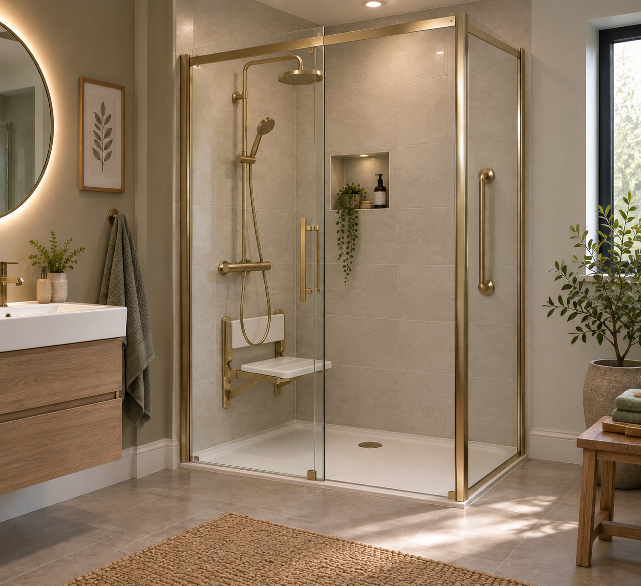 Freedom walk-in shower with a polished satin brass frame and low-level shower tray