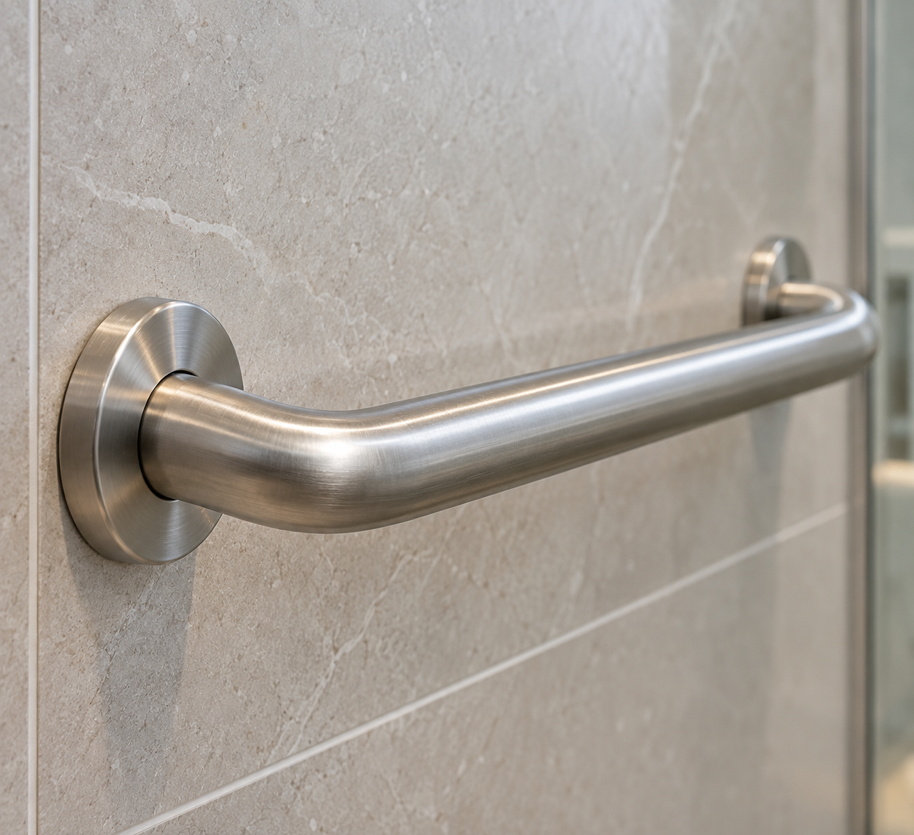 A hand holding a chrome grab rail inside a walk-in shower
