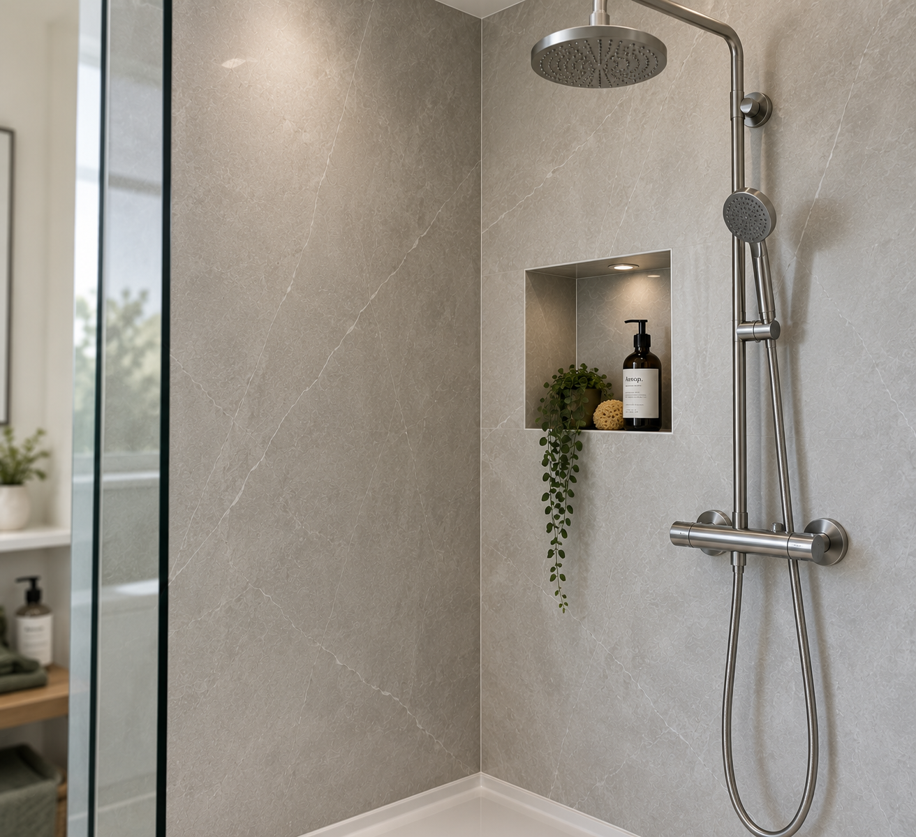 A modern bathroom finished with easy-clean waterproof wall panelling